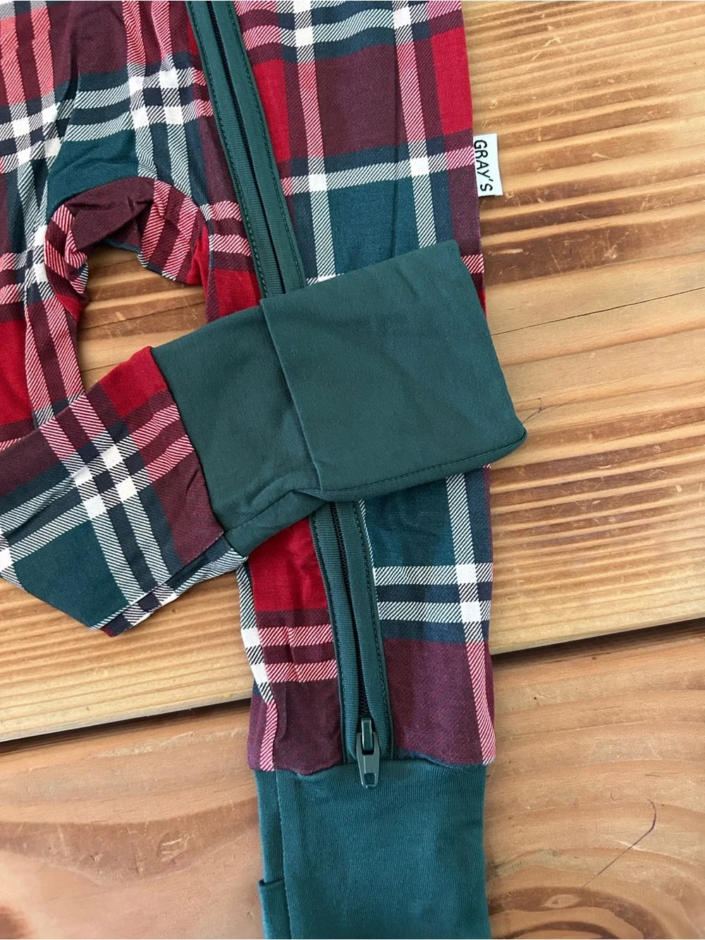Family Plaid Zippered Kids One-Piece in Red and Green - Holiday Sleepwear
